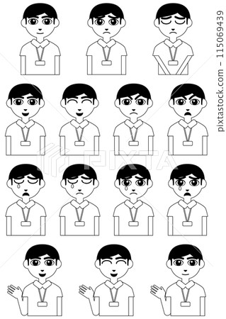 笑、生氣、哭等各種表情的上半身男護士插畫素材集（單色） 115069439