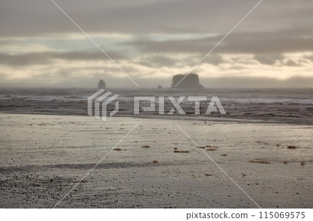 Pacific Ocean landscape, with small cliff island 115069575