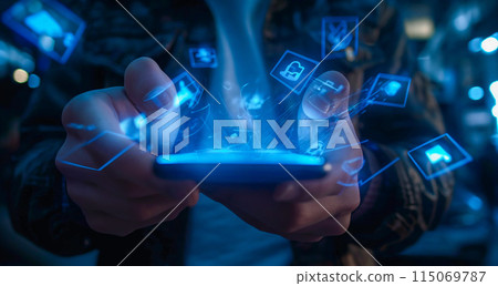 Hands operating AI technology on a smartphone 115069787