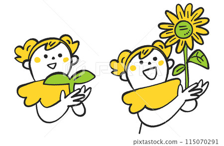 Illustration material of a smiling child holding young sprouts and healthy sunflowers in his hands Illustration material of a smiling child holding young sprouts and healthy sunflowers in his hands 115070291