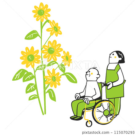 An elderly man in a wheelchair and his caregiver looking up at a large sunflower that has grown freely and beautifully Illustration An elderly man in a wheelchair and his caregiver looking up at a large sunflower that has grown freely and beautifully Illustration 115070293