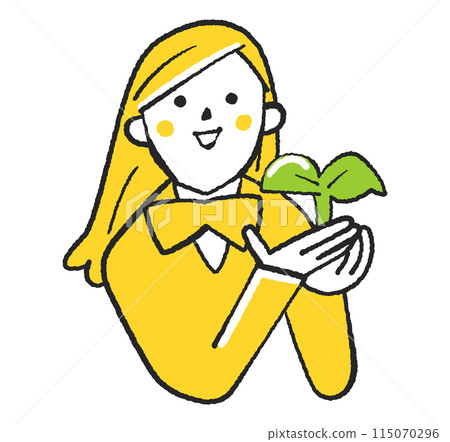 A smiling female student holding an immature young sprout in her hand Illustration 115070296