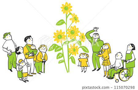 People of various ages and circumstances gazing at large sunflowers Illustration People of various ages and circumstances gazing at large sunflowers Illustration 115070298
