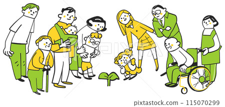 Illustration of people of various ages and circumstances surrounding young sprouts 115070299