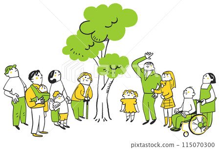 不同年齡、不同狀況的人看著一棵已經長大的小樹的插畫素材 115070300