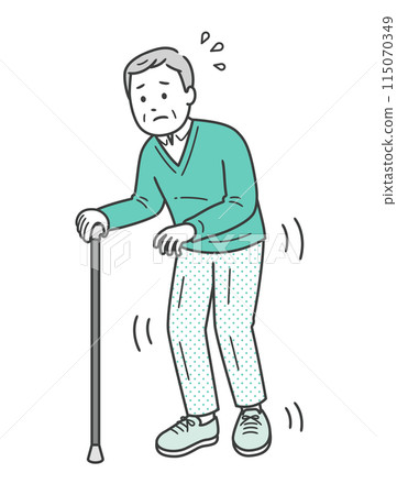 An illustration of an elderly man with tremors walking cautiously with a cane 115070349