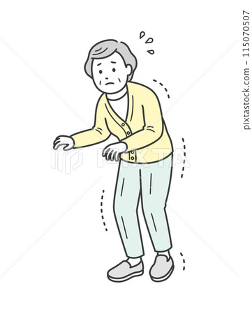 Illustration of an elderly woman with trembling and stiff limbs walking fearfully 115070507