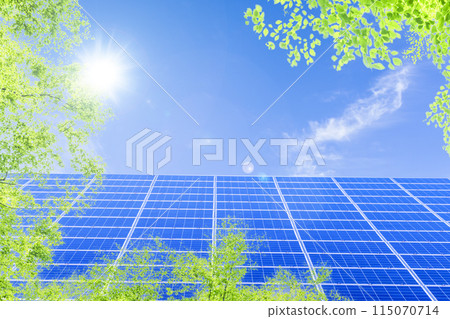 Eco image: Fresh greenery, mega solar panels and blue sky Eco image: Fresh greenery, mega solar panels and blue sky 115070714