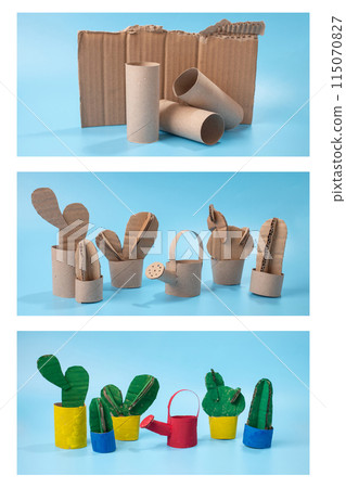 a group of cactus plants made out of toilet paper, cardboard, watering can, pot, a paper cutout garden, gardening a group of cactus plants made out of toilet paper, cardboard, watering can, pot, a paper cutout garden, gardening 115070827