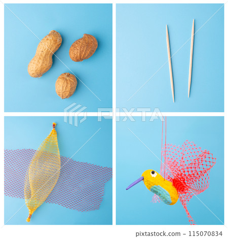 simple bird craft for kids, DIY, peanut hummingbird toy for spring or summer, homemade activity for children's, recycling concept, 115070834