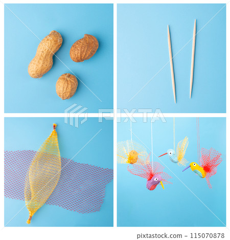 Summer craft bird tutorial, easy for kids, DIY, made from peanuts and veggie nets, recycling concept 115070878
