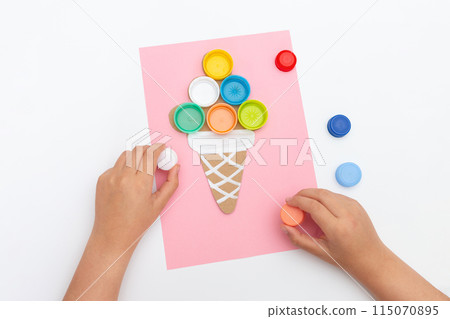 recycling bottle caps craft tutorial, useful ideas for the class, preschool hour concept  115070895