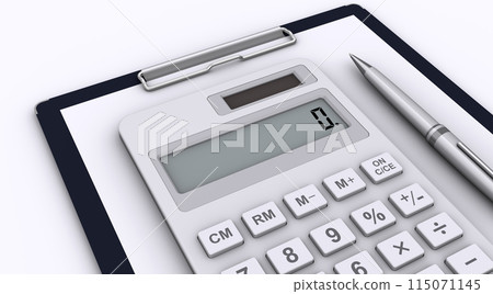 Clipboard, calculator and ballpoint pen, accounting and calculation scene 115071145