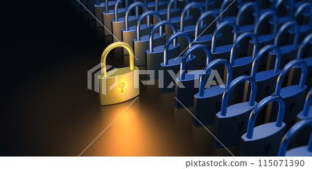 A row of padlocks, with one padlock key highlighted 115071390