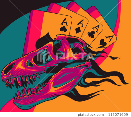 vector illustration of Dinosaur Skull with flames and poker card vector illustration of Dinosaur Skull with flames and poker card 115071609