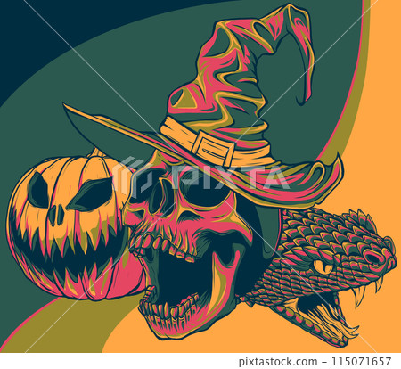 halloween cute wizard skull head with pumpkin and snake 115071657