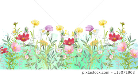 各種花卉花田的水彩畫，水彩紋理背景 115071908
