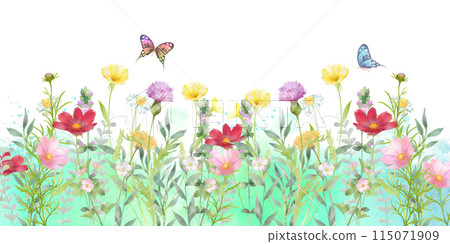 Watercolor painting of a flower field with various flowers and butterflies. Watercolor texture background. Watercolor painting of a flower field with various flowers and butterflies. Watercolor texture background. 115071909