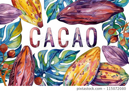 Lush watercolor painting of cacao beans and pods with CACAO text in the center, all set against a white Lush watercolor painting of cacao beans and pods with CACAO text in the center, all set against a white 115072080