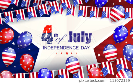 Illustration with balloons and garland with symbols of America, US Independence Day Illustration with balloons and garland with symbols of America, US Independence Day 115072359