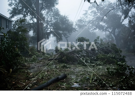 Hurricane-force winds sweep through the neighborhood, uprooting trees and scattering debris. Hurricane-force winds sweep through the neighborhood, uprooting trees and scattering debris. 115072488