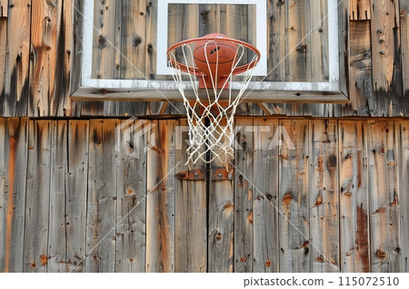 A rustic, old-school basketball hoop attached to a barn, with a classic leather basketball 115072510