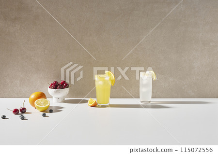 Colorful color background. Refreshing and fresh oranges, lemons and other fruits full of vitamins. 115072556