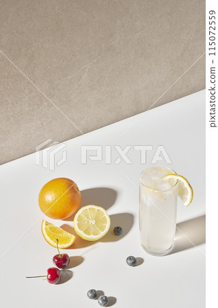 Colorful color background. Refreshing and fresh oranges, lemons and other fruits full of vitamins. 115072559