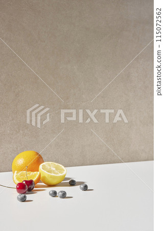 Colorful color background. Refreshing and fresh oranges, lemons and other fruits full of vitamins. Colorful color background. Refreshing and fresh oranges, lemons and other fruits full of vitamins. 115072562