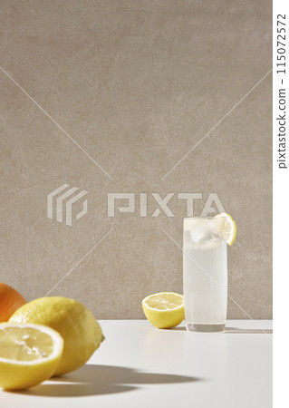Colorful color background. Refreshing and fresh oranges, lemons and other fruits full of vitamins. 115072572