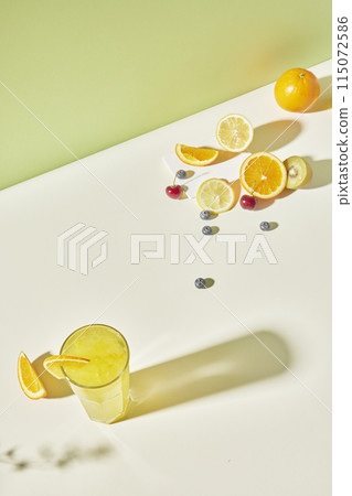 Colorful color background. Refreshing and fresh oranges, lemons and other fruits full of vitamins. 115072586