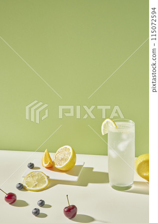 Colorful color background. Refreshing and fresh oranges, lemons and other fruits full of vitamins. 115072594