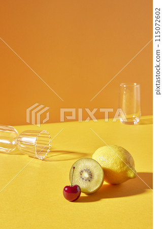 Colorful color background. Refreshing and fresh oranges, lemons and other fruits full of vitamins. 115072602