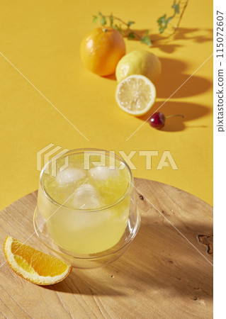 Colorful color background. Refreshing and fresh oranges, lemons and other fruits full of vitamins. 115072607