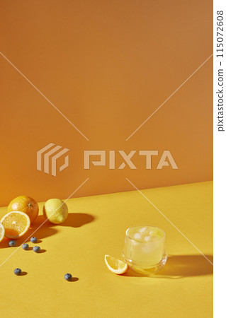 Colorful color background. Refreshing and fresh oranges, lemons and other fruits full of vitamins. 115072608