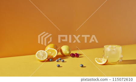 Colorful color background. Refreshing and fresh oranges, lemons and other fruits full of vitamins. 115072610