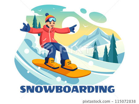 Snowboarding Vector Illustration Featuring People Sliding and Jumping on a Snowy Mountain Slope During Winter, Flat Style Cartoon Background Snowboarding Vector Illustration Featuring People Sliding and Jumping on a Snowy Mountain Slope During Winter, Flat Style Cartoon Background 115072838