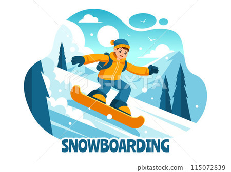Snowboarding Vector Illustration Featuring People Sliding and Jumping on a Snowy Mountain Slope During Winter, Flat Style Cartoon Background Snowboarding Vector Illustration Featuring People Sliding and Jumping on a Snowy Mountain Slope During Winter, Flat Style Cartoon Background 115072839