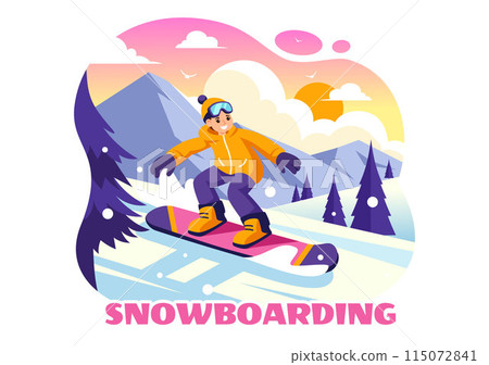 Snowboarding Vector Illustration Featuring People Sliding and Jumping on a Snowy Mountain Slope During Winter, Flat Style Cartoon Background 115072841