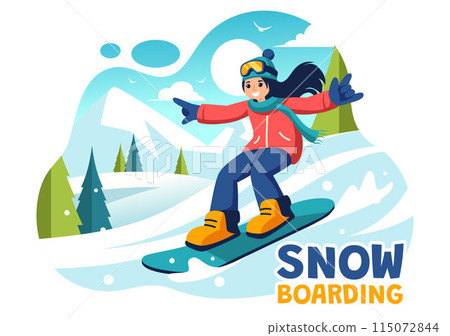 Snowboarding Vector Illustration Featuring People Sliding and Jumping on a Snowy Mountain Slope During Winter, Flat Style Cartoon Background Snowboarding Vector Illustration Featuring People Sliding and Jumping on a Snowy Mountain Slope During Winter, Flat Style Cartoon Background 115072844