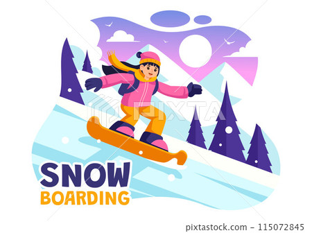 Snowboarding Vector Illustration Featuring People Sliding and Jumping on a Snowy Mountain Slope During Winter, Flat Style Cartoon Background Snowboarding Vector Illustration Featuring People Sliding and Jumping on a Snowy Mountain Slope During Winter, Flat Style Cartoon Background 115072845