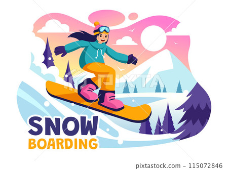 Snowboarding Vector Illustration Featuring People Sliding and Jumping on a Snowy Mountain Slope During Winter, Flat Style Cartoon Background 115072846
