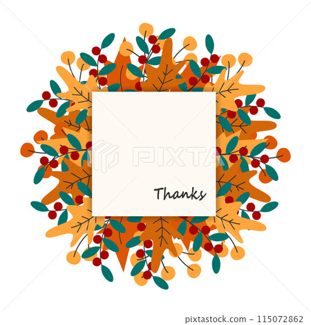 Square Frame with Autumn Leaves and Thanks Text on sticker note Copy space Greetings design concept 115072862
