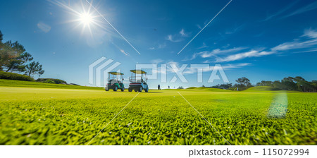 Golf course at golf resort, golf course. Two carts. Clear skies. Sunny and good weather 115072994