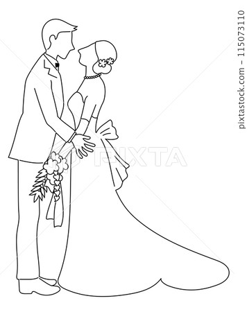 Line drawing of a bride and groom kissing 115073110