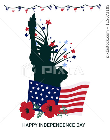 Independence Day greeting card. Silhouette of the Statue of Liberty, american flag and red poppies. 115073185