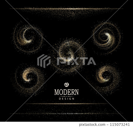 Isolated set of gold tone shapes with chaotic tinsel on a black design 115073241