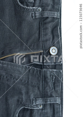 black denim clothing texture background, front of pants fashion with zip 115073646