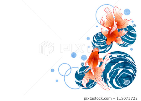 Goldfish, yo-yo, summer greetings, Japanese style, illustration, blue, horizontal 115073722