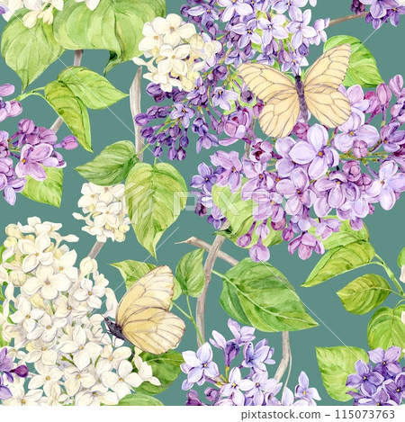 Watercolor background with lilacs and butterflies. Seamless background of spring flowers. Botanical hand drawn illustration for fabric, textile, wallpaper, wrapping paper. 115073763